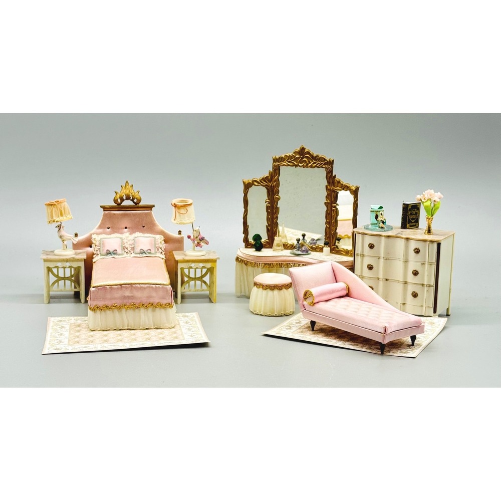 Ideal Dollhouse Bedroom Furniture Set Pink Cream Gold Vintage 1960s Japan